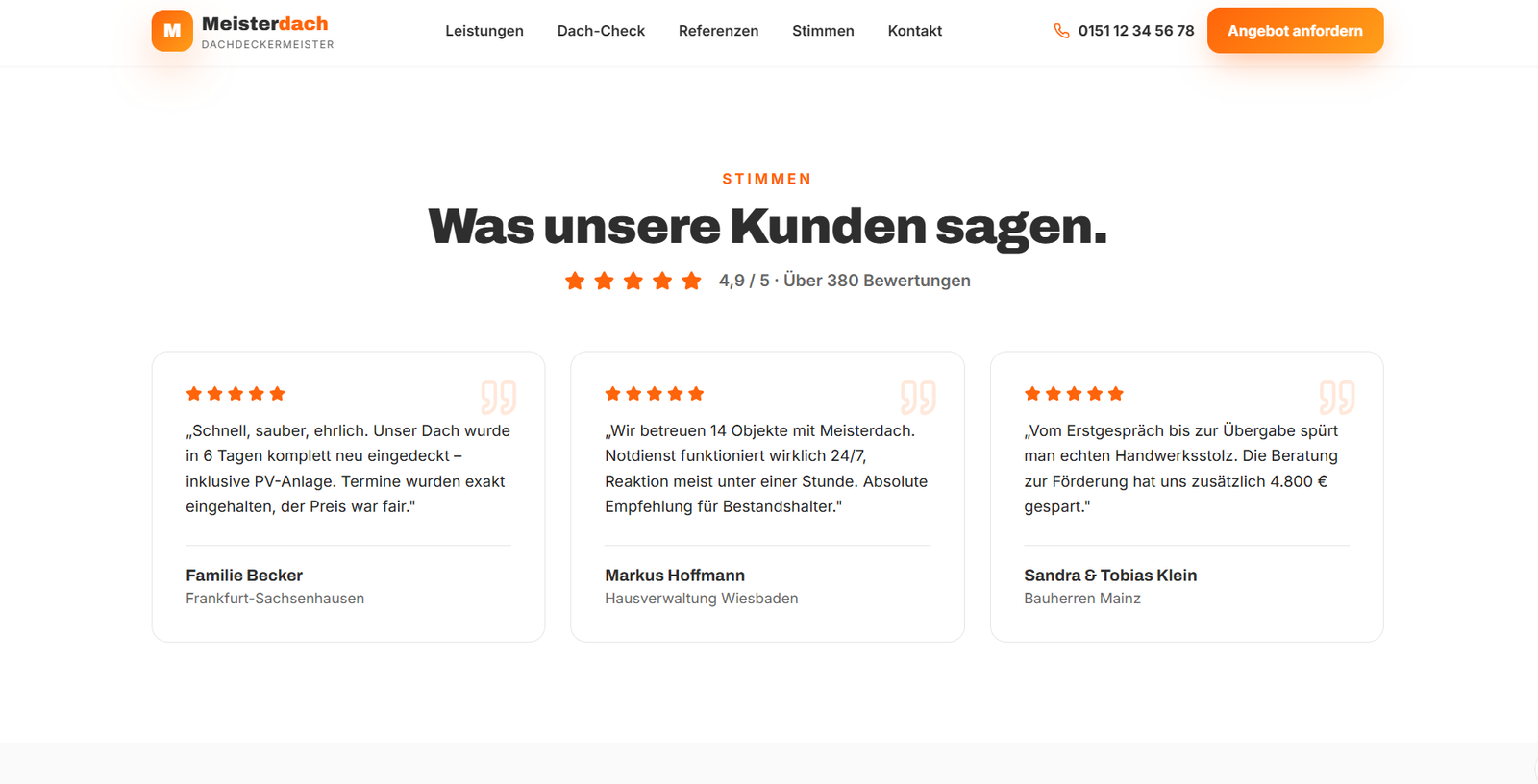 Demo-Layout mit fiktiven Kundenbewertungen und Beispiel-Sternebewertung